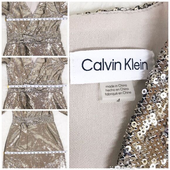 CALVIN KLEIN Gold Sequin Cocktail Dress Knee Length Faux Wrap Party Size 4 6 New - Picture 9 of 10